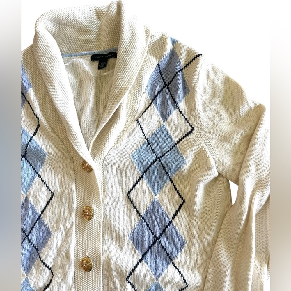 Tommy Hilfiger ButtonUp Argyle Cardigan Womens Medium Cream and Blue Gold Button - Picture 2 of 4